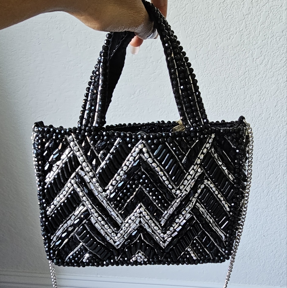 Elegant Black and Silver Beaded Crossbody Handbag